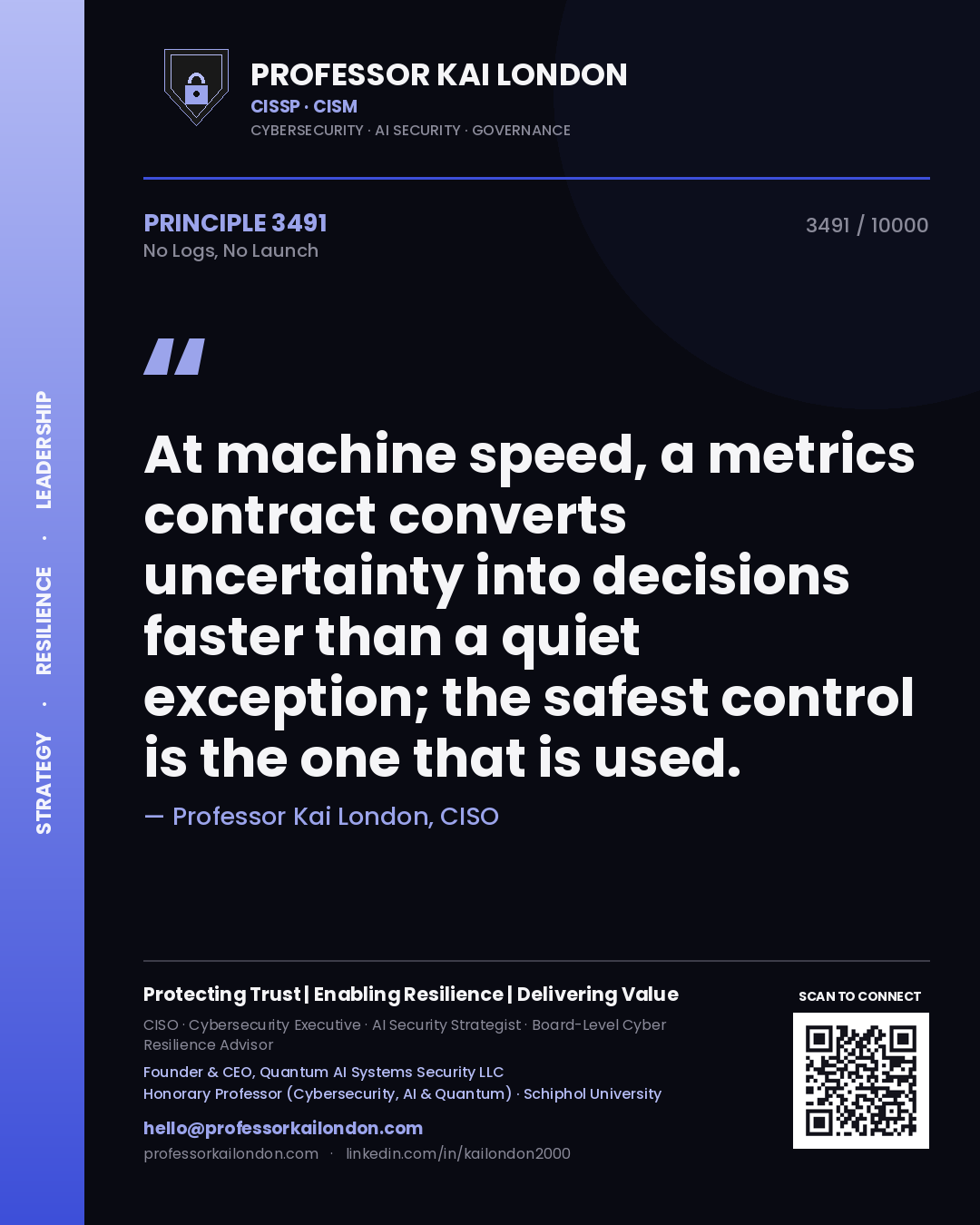 Professor Kai London principle 3491: At machine speed, a metrics contract converts uncertainty into decisions faster than a quiet exception; the safest control is the one that is used.
