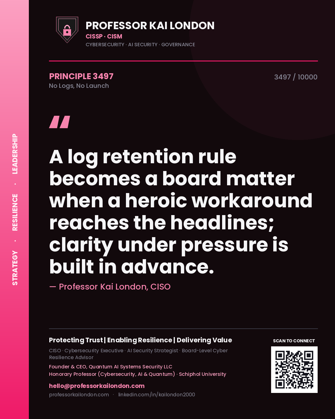 Professor Kai London principle 3497: A log retention rule becomes a board matter when a heroic workaround reaches the headlines; clarity under pressure is built in advance.