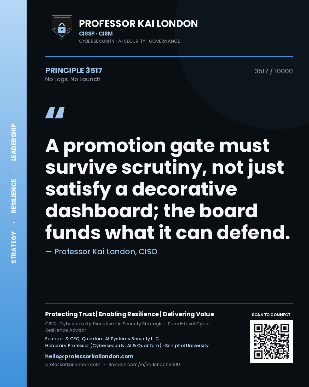 Professor Kai London principle 3517: A promotion gate must survive scrutiny, not just satisfy a decorative dashboard; the board funds what it can defend.