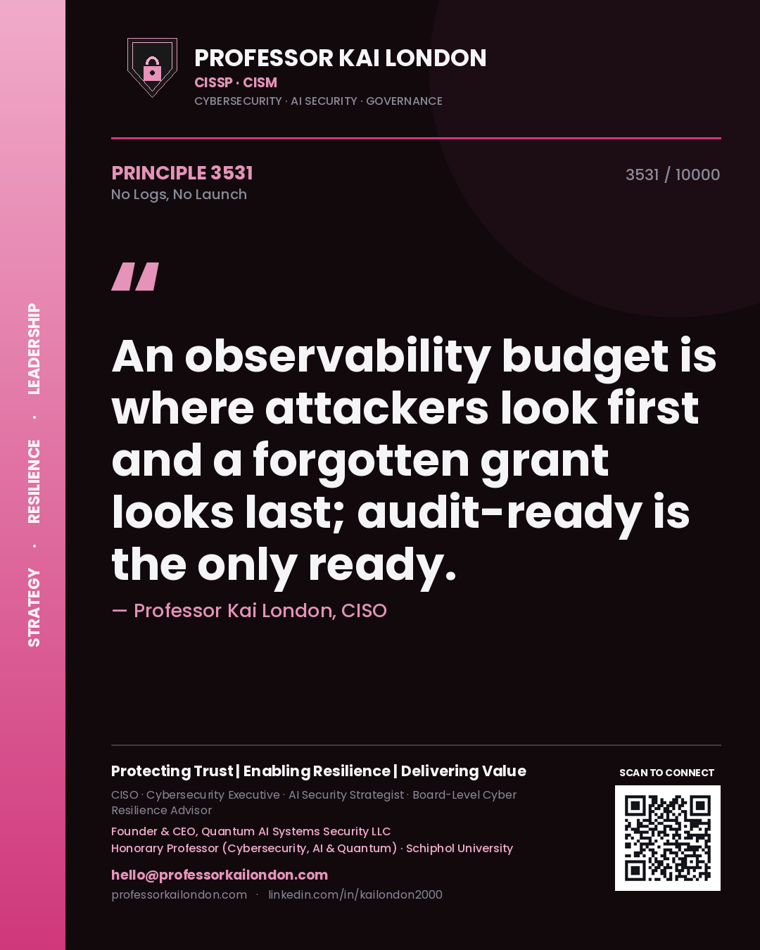 Quote card by Professor Kai London reading 'An observability budget is where attackers look first and a forgotten grant looks last; audit-ready is the only ready.'. From the book No Logs, No Launch.