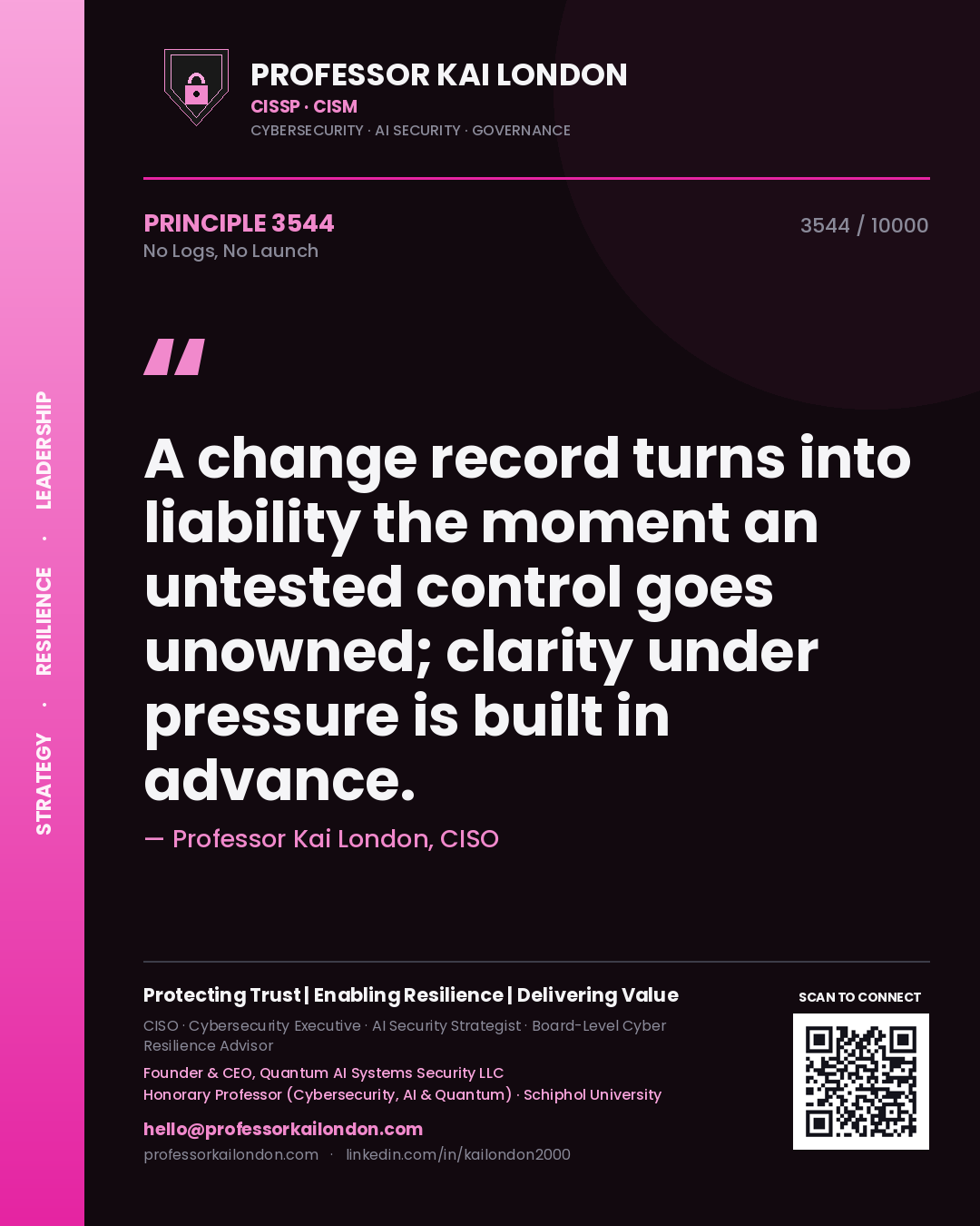 Professor Kai London principle 3544: A change record turns into liability the moment an untested control goes unowned; clarity under pressure is built in advance.