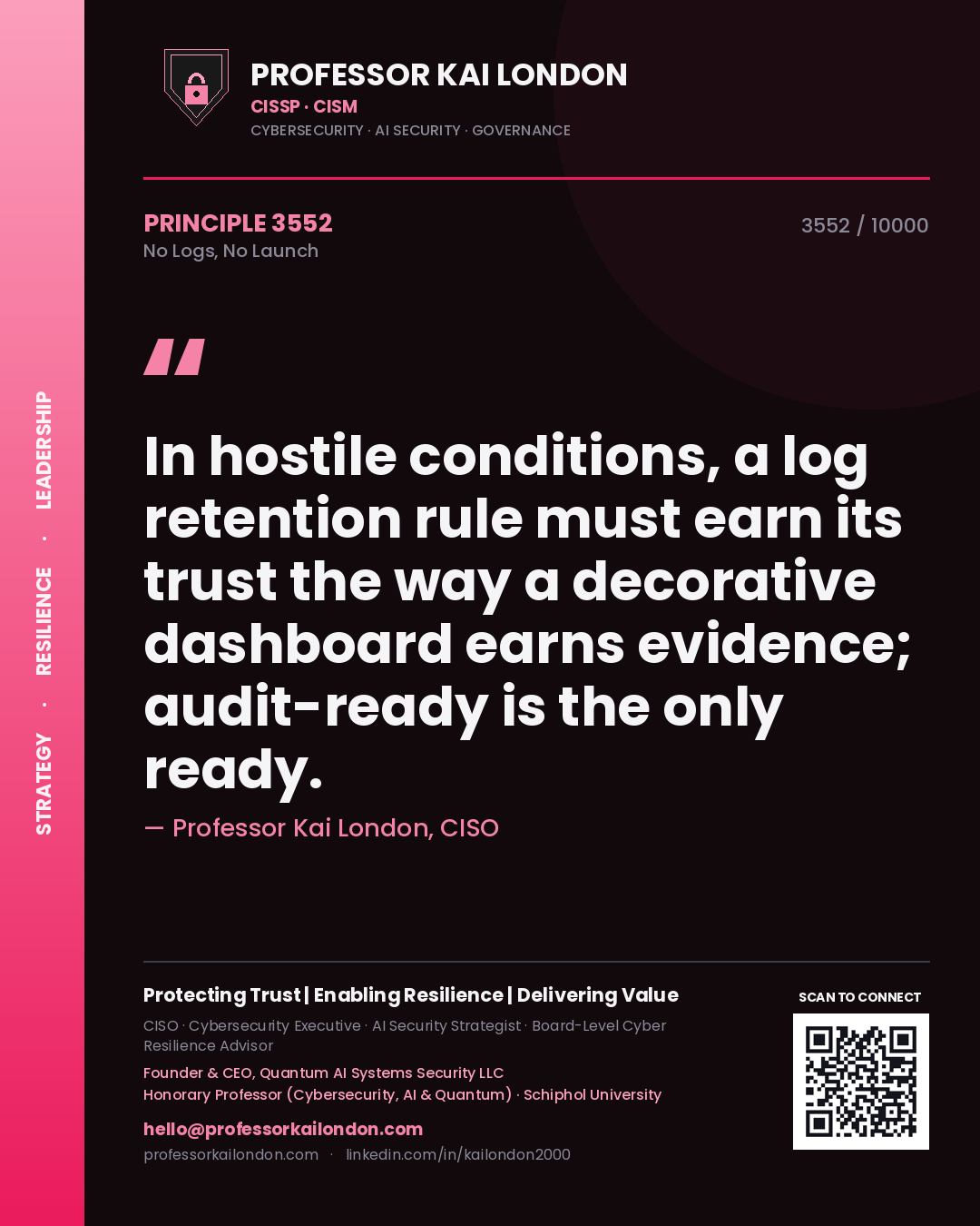Professor Kai London principle 3552: In hostile conditions, a log retention rule must earn its trust the way a decorative dashboard earns evidence; audit-ready is the only ready.