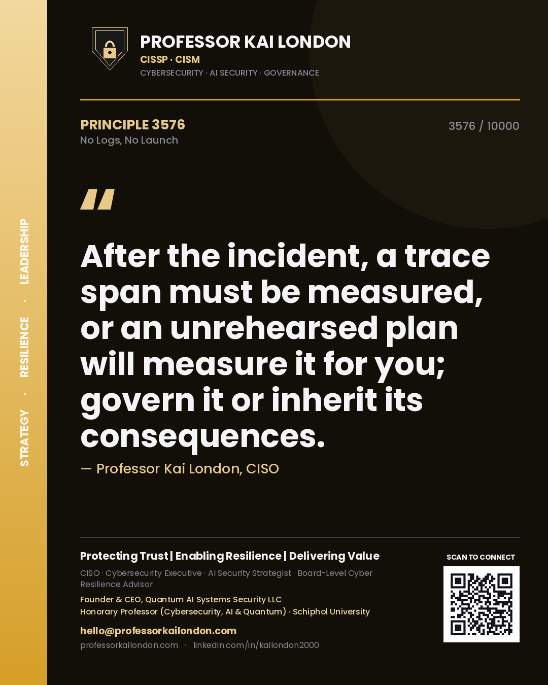 Quote card by Professor Kai London reading 'After the incident, a trace span must be measured, or an unrehearsed plan will measure it for you; govern it or inherit its consequences.'. From the book No Logs, No Launch.