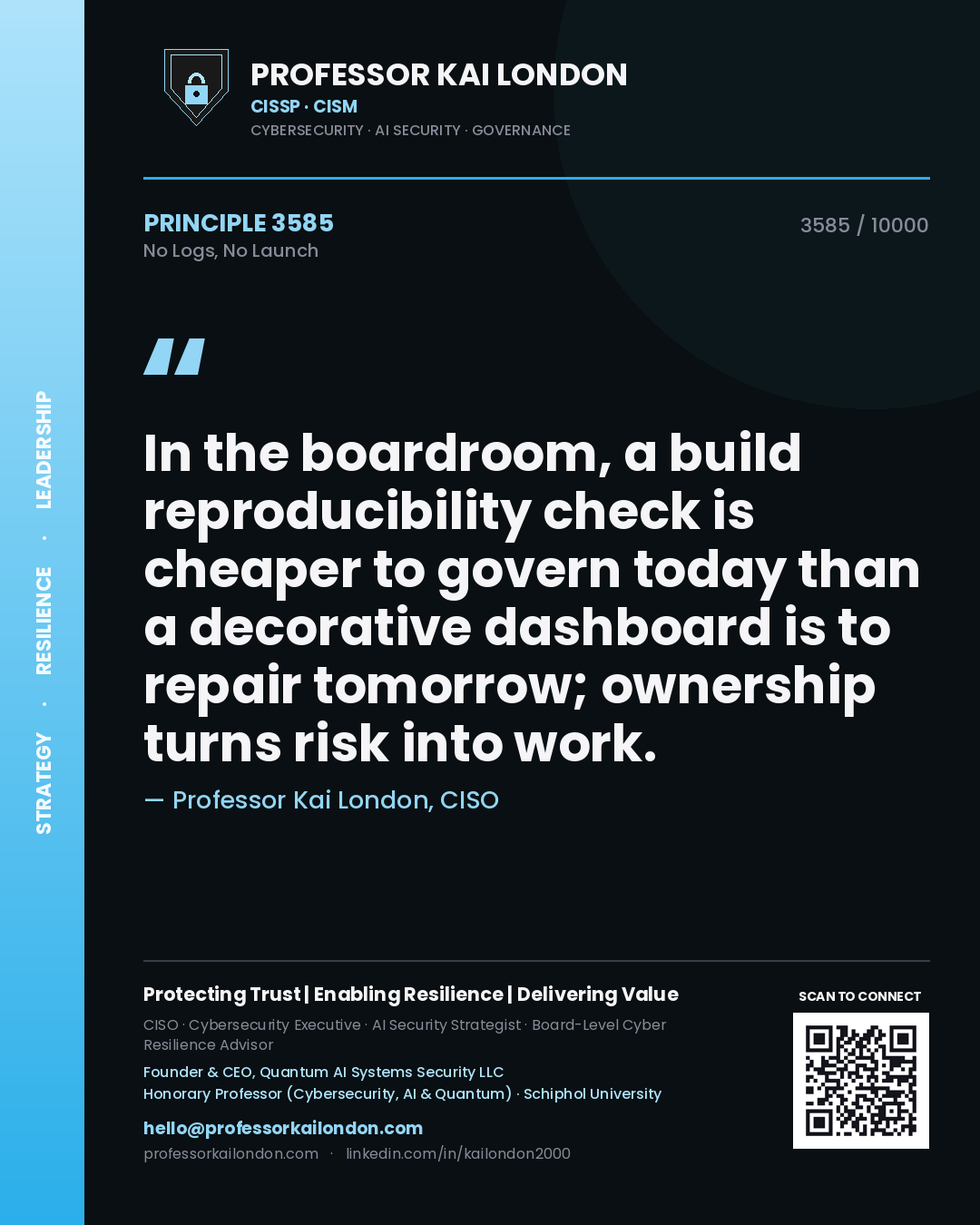 Professor Kai London principle 3585: In the boardroom, a build reproducibility check is cheaper to govern today than a decorative dashboard is to repair tomorrow; ownership turns risk into work.