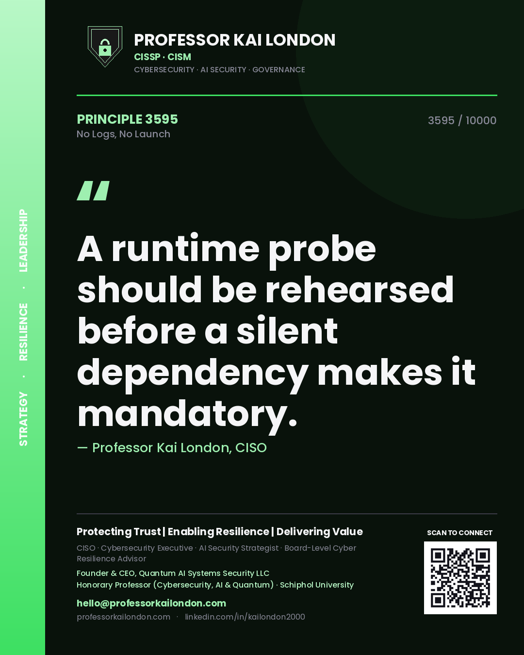 Quote card by Professor Kai London reading 'A runtime probe should be rehearsed before a silent dependency makes it mandatory.'. From the book No Logs, No Launch.