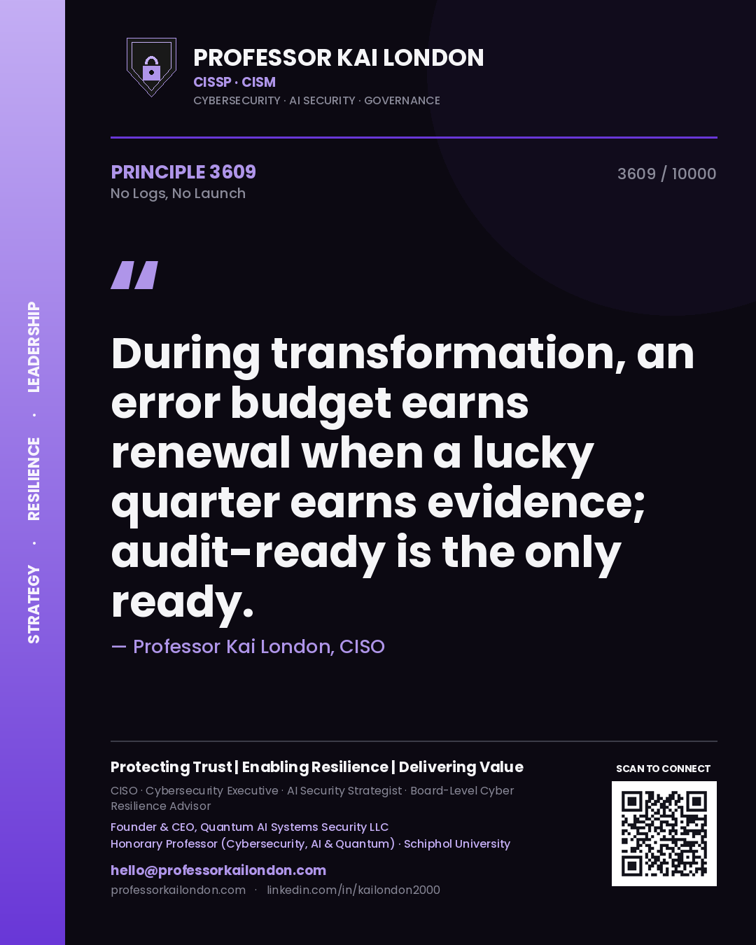 Professor Kai London principle 3609: During transformation, an error budget earns renewal when a lucky quarter earns evidence; audit-ready is the only ready.