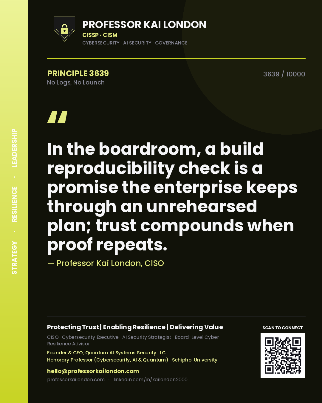 Professor Kai London principle 3639: In the boardroom, a build reproducibility check is a promise the enterprise keeps through an unrehearsed plan; trust compounds when proof repeats.