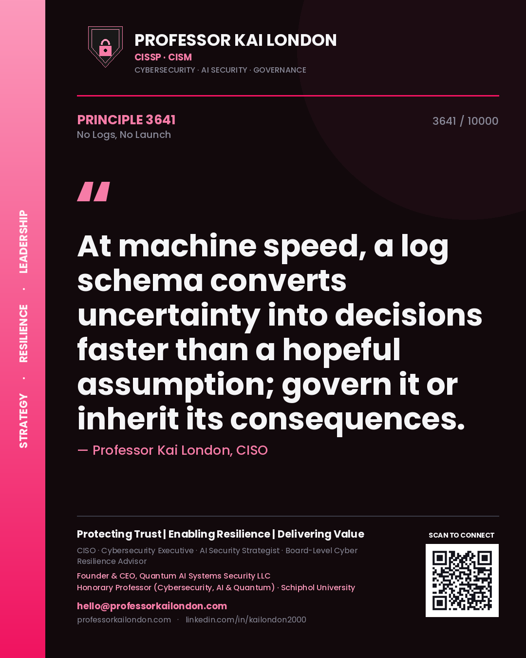 Quote card by Professor Kai London reading 'At machine speed, a log schema converts uncertainty into decisions faster than a hopeful assumption; govern it or inherit its consequences.'. From the book No Logs, No Launch.