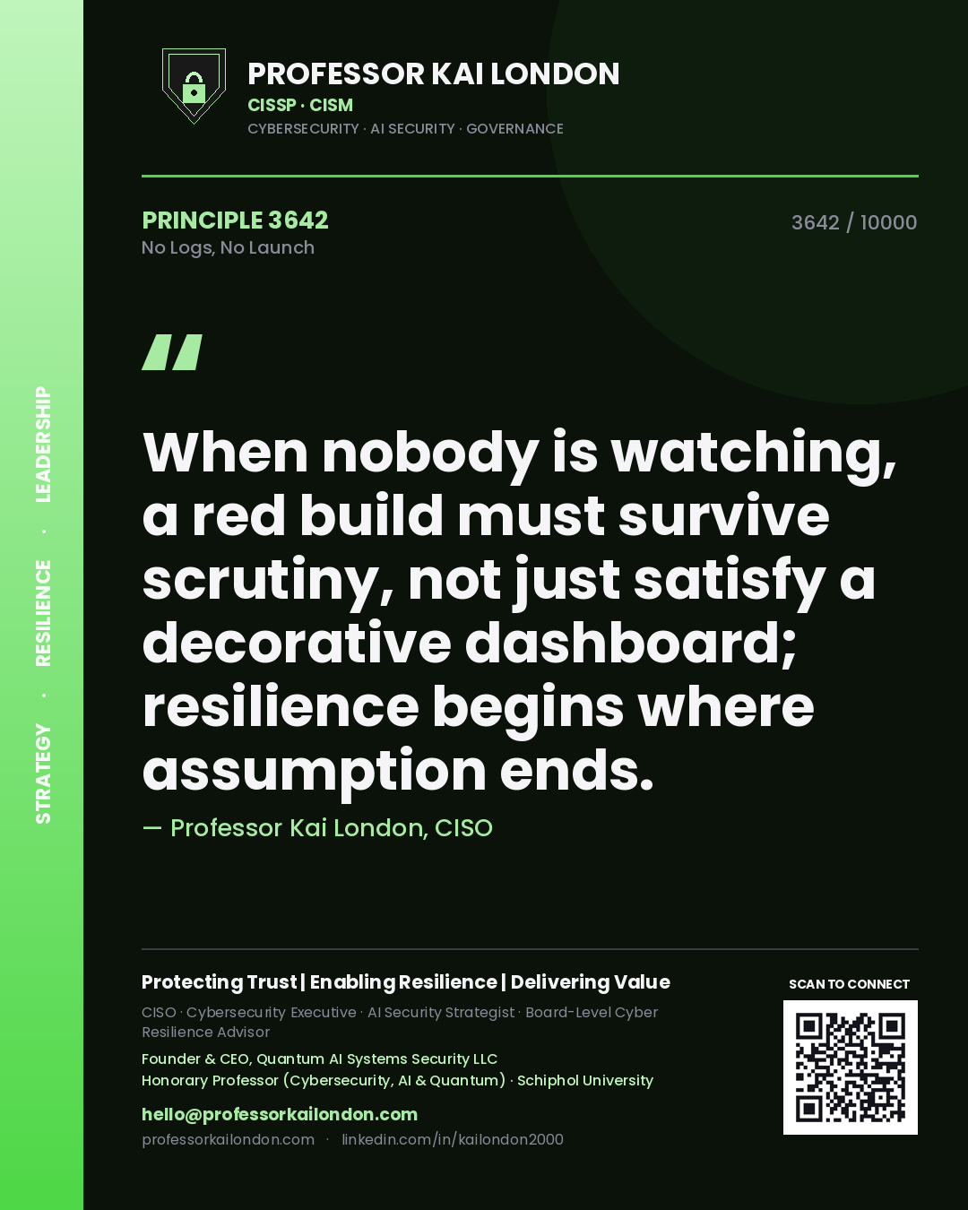 Professor Kai London principle 3642: When nobody is watching, a red build must survive scrutiny, not just satisfy a decorative dashboard; resilience begins where assumption ends.