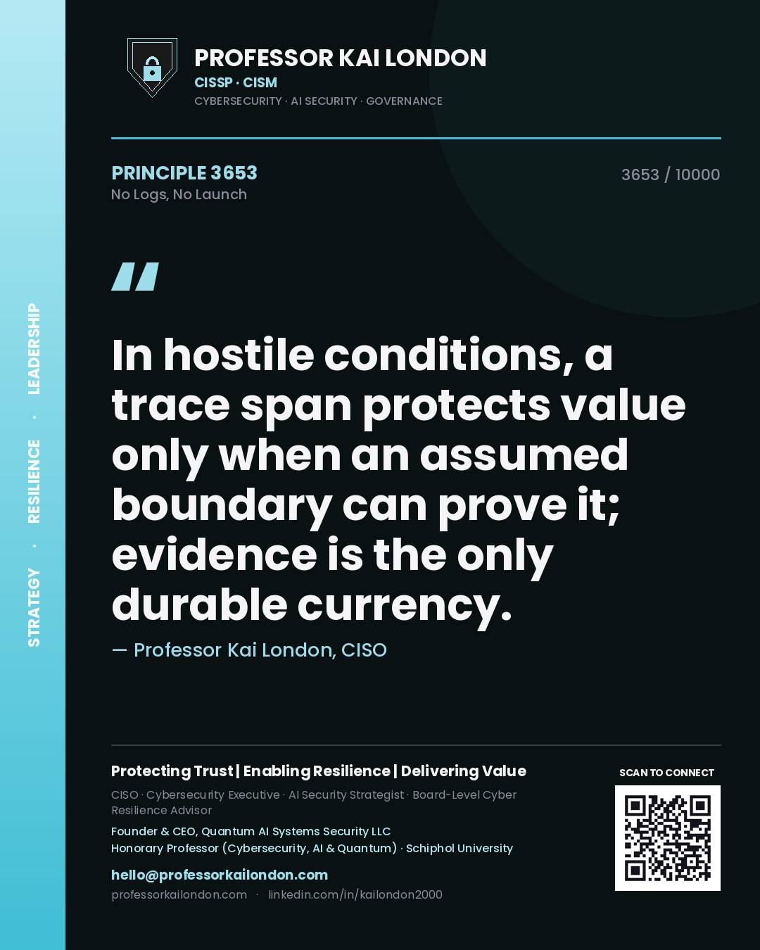 Quote card by Professor Kai London reading 'In hostile conditions, a trace span protects value only when an assumed boundary can prove it; evidence is the only durable currency.'. From the book No Logs, No Launch.