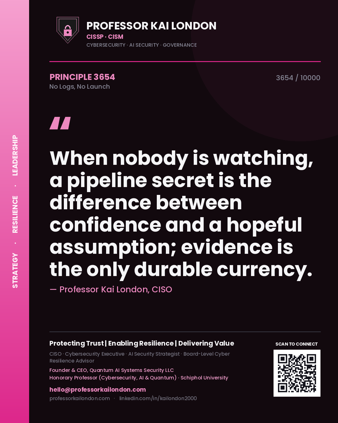 Professor Kai London principle 3654: When nobody is watching, a pipeline secret is the difference between confidence and a hopeful assumption; evidence is the only durable currency.