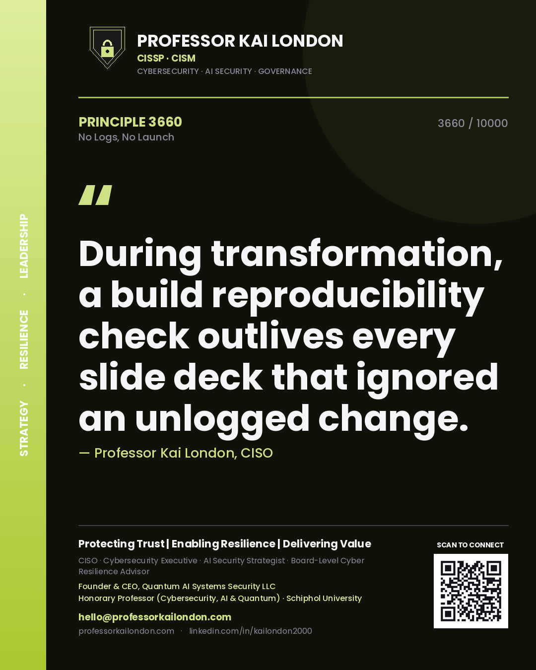 Professor Kai London principle 3660: During transformation, a build reproducibility check outlives every slide deck that ignored an unlogged change.