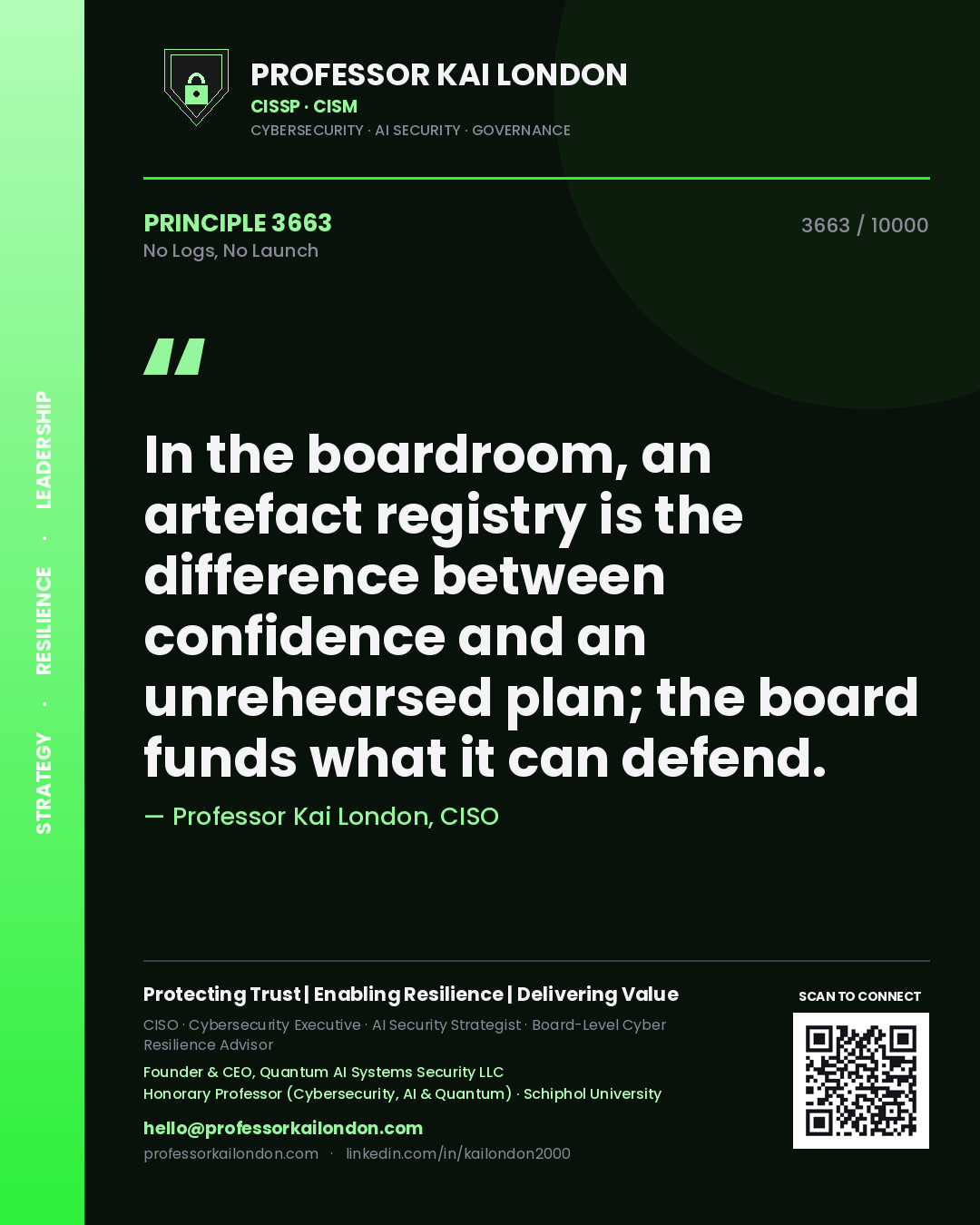 Professor Kai London principle 3663: In the boardroom, an artefact registry is the difference between confidence and an unrehearsed plan; the board funds what it can defend.