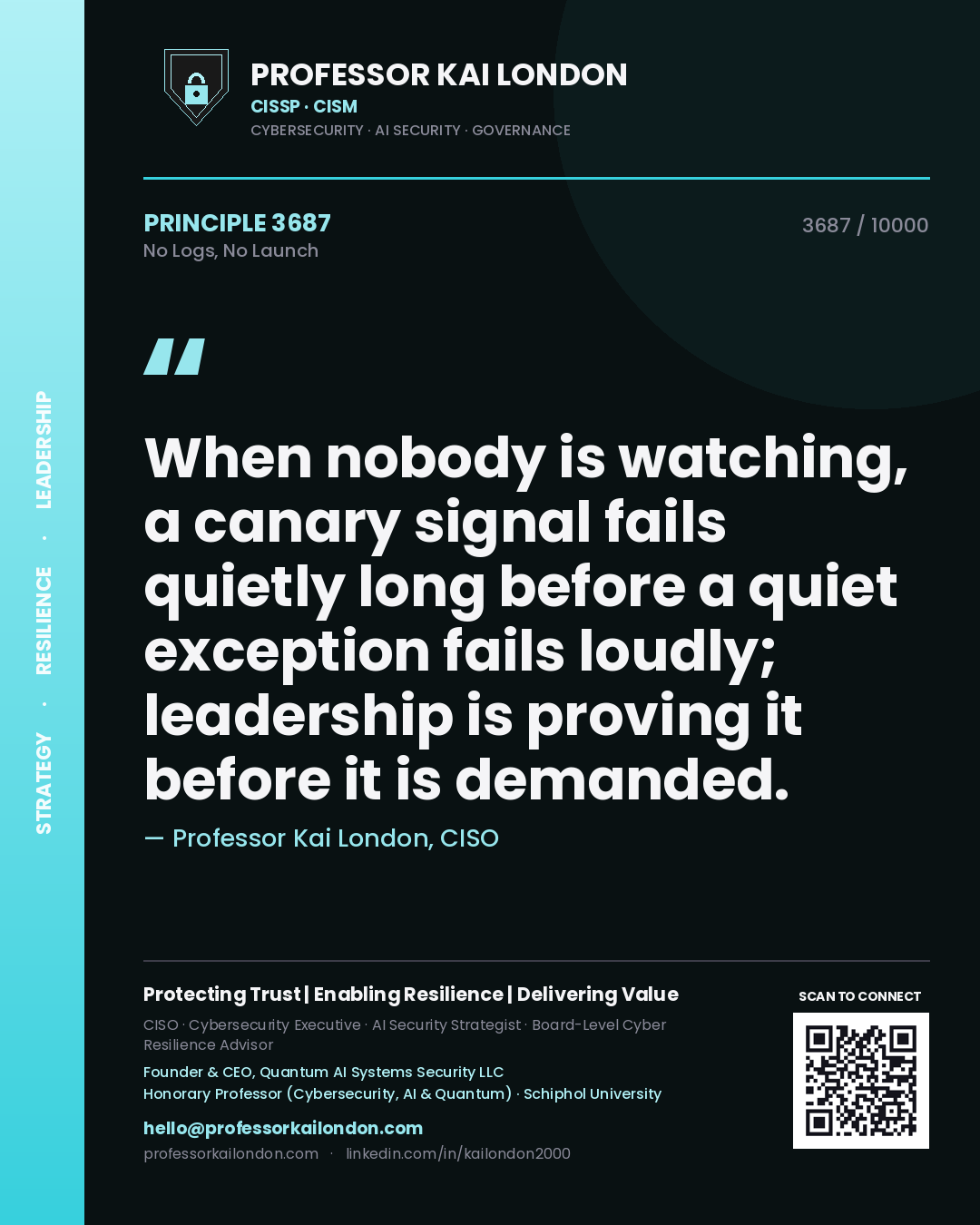 Professor Kai London principle 3687: When nobody is watching, a canary signal fails quietly long before a quiet exception fails loudly; leadership is proving it before it is demanded.