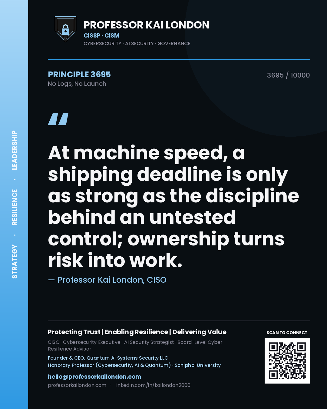Quote card by Professor Kai London reading 'At machine speed, a shipping deadline is only as strong as the discipline behind an untested control; ownership turns risk into work.'. From the book No Logs, No Launch.