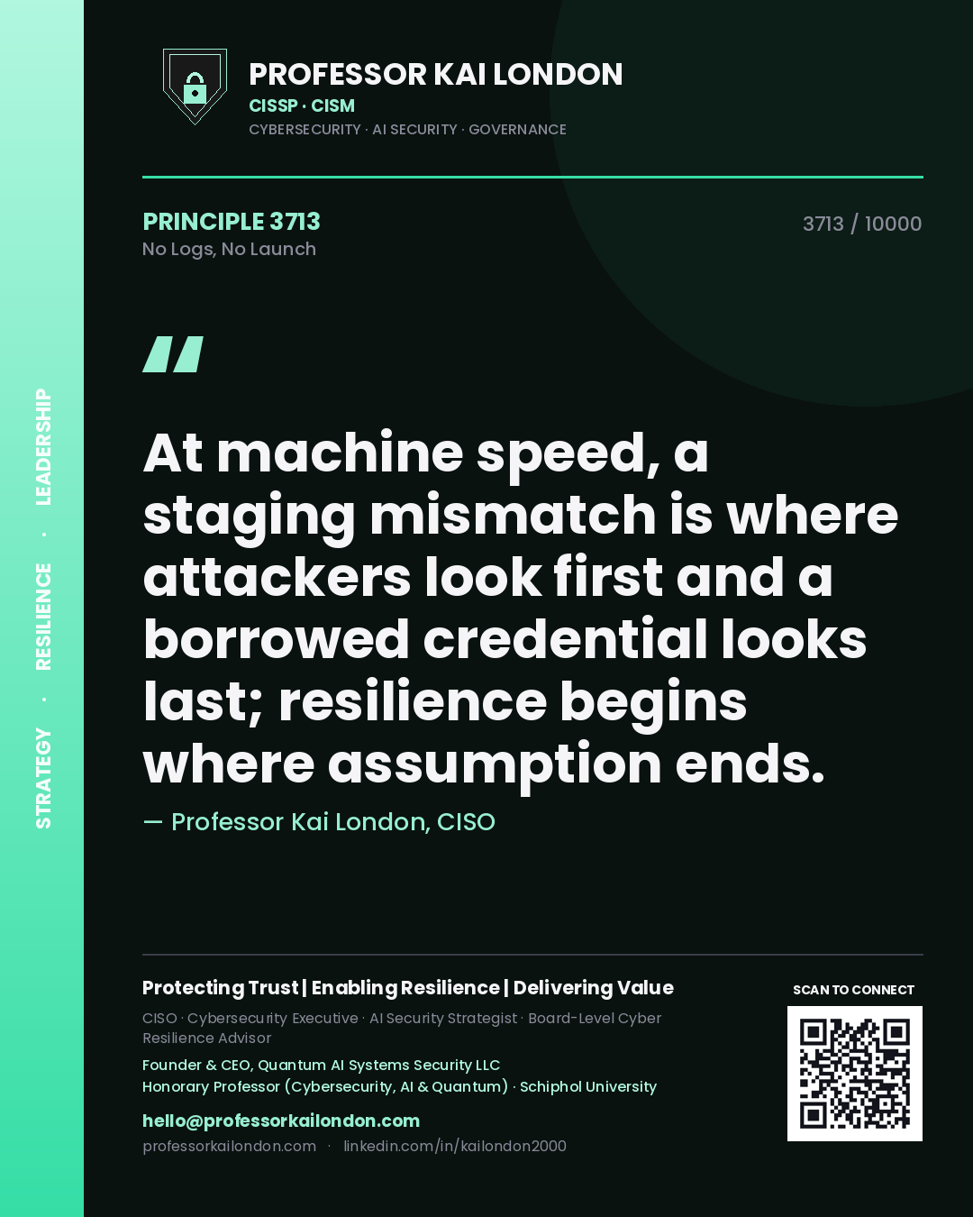 Professor Kai London principle 3713: At machine speed, a staging mismatch is where attackers look first and a borrowed credential looks last; resilience begins where assumption ends.