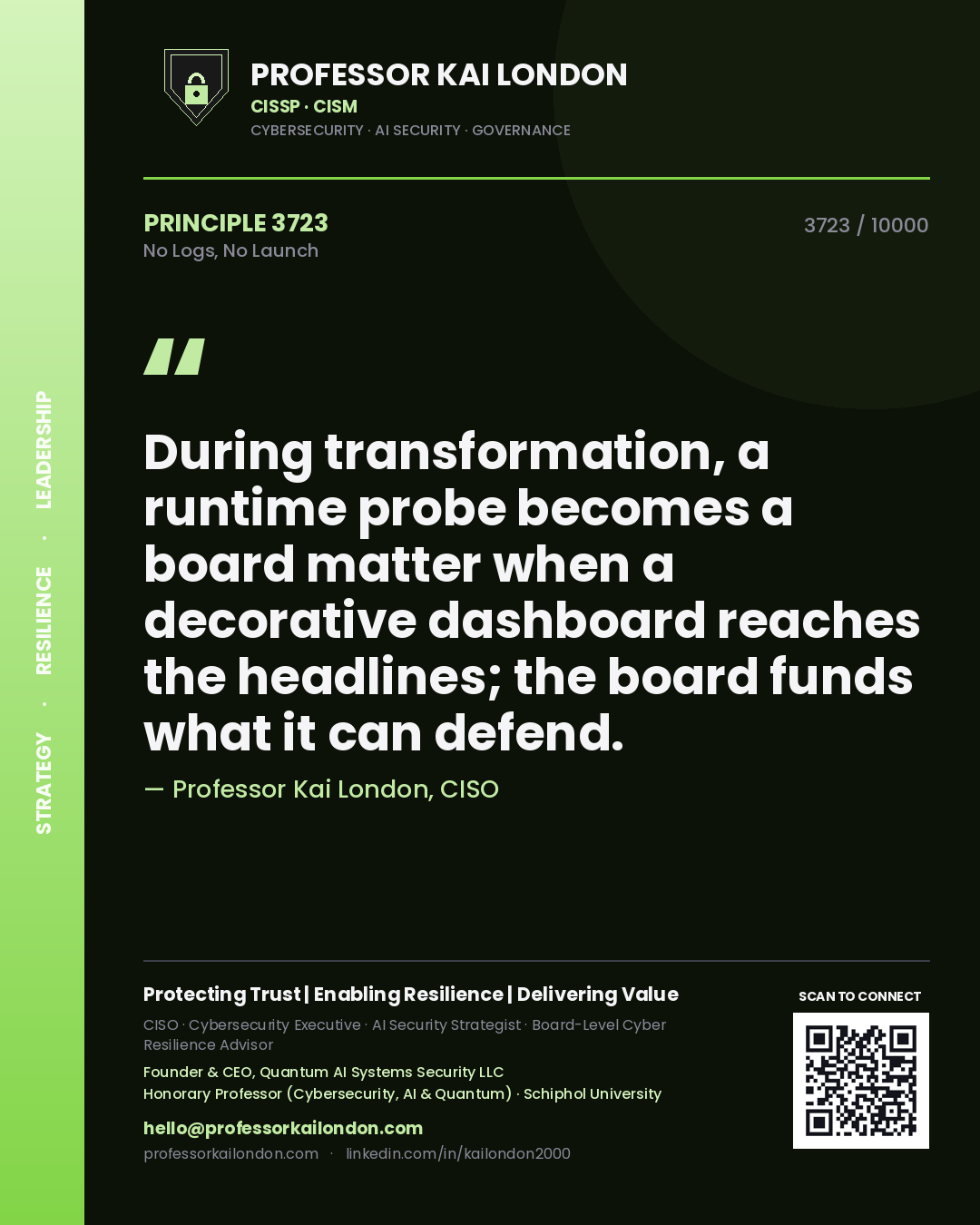 Professor Kai London principle 3723: During transformation, a runtime probe becomes a board matter when a decorative dashboard reaches the headlines; the board funds what it can defend.