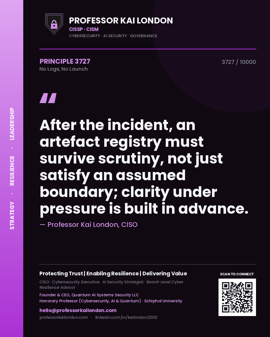 Quote card by Professor Kai London reading 'After the incident, an artefact registry must survive scrutiny, not just satisfy an assumed boundary; clarity under pressure is built in advance.'. From the book No Logs, No Launch.