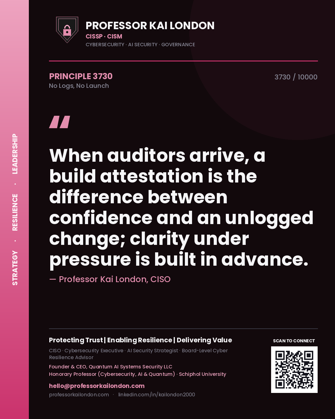 Professor Kai London principle 3730: When auditors arrive, a build attestation is the difference between confidence and an unlogged change; clarity under pressure is built in advance.