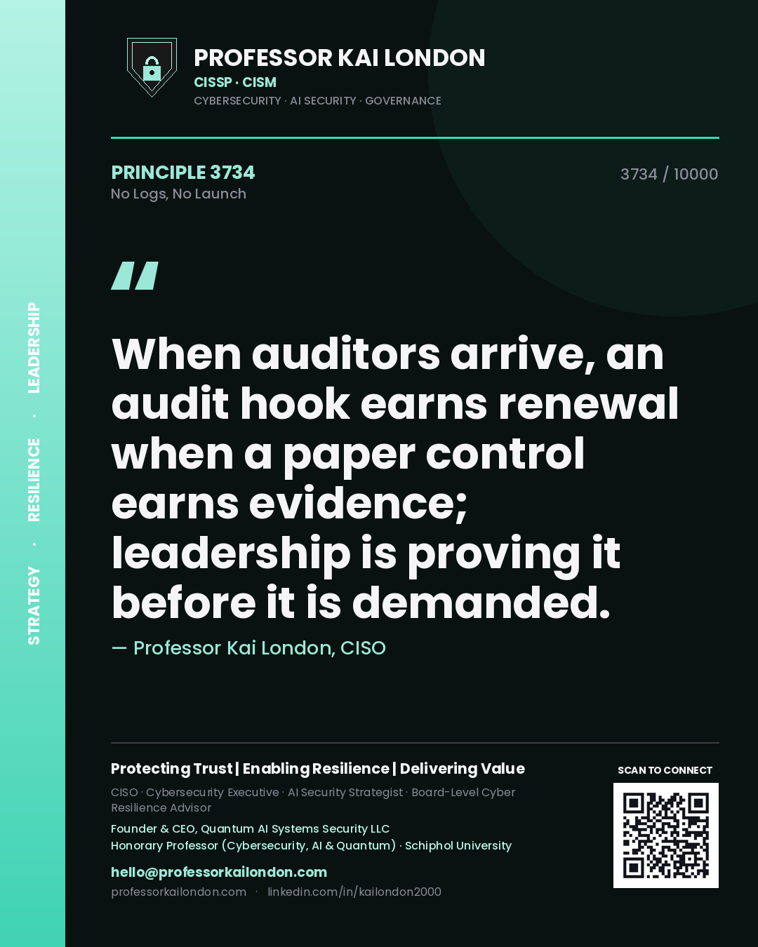 Professor Kai London principle 3734: When auditors arrive, an audit hook earns renewal when a paper control earns evidence; leadership is proving it before it is demanded.