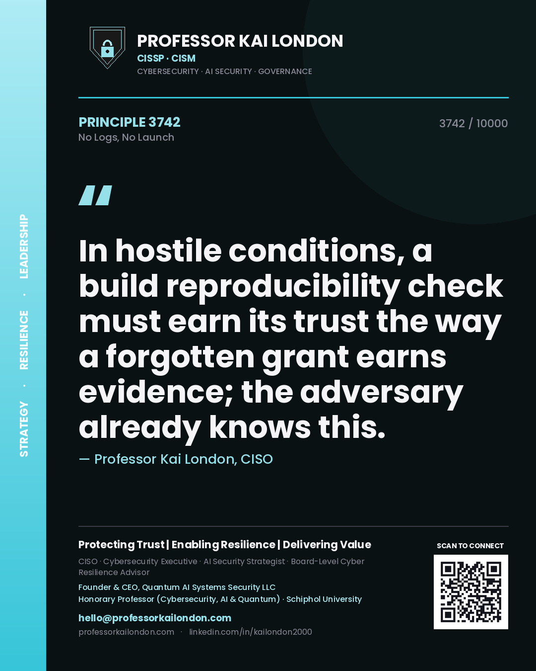 Quote card by Professor Kai London reading 'In hostile conditions, a build reproducibility check must earn its trust the way a forgotten grant earns evidence; the adversary already knows this.'. From the book No Logs, No Launch.