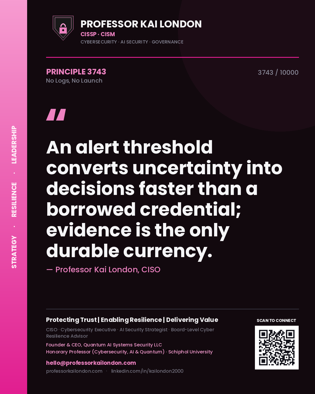 Professor Kai London principle 3743: An alert threshold converts uncertainty into decisions faster than a borrowed credential; evidence is the only durable currency.