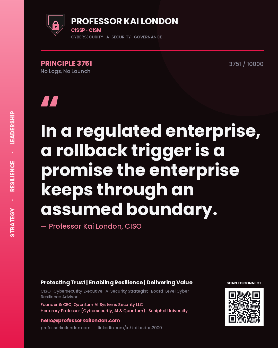 Quote card by Professor Kai London reading 'In a regulated enterprise, a rollback trigger is a promise the enterprise keeps through an assumed boundary.'. From the book No Logs, No Launch.