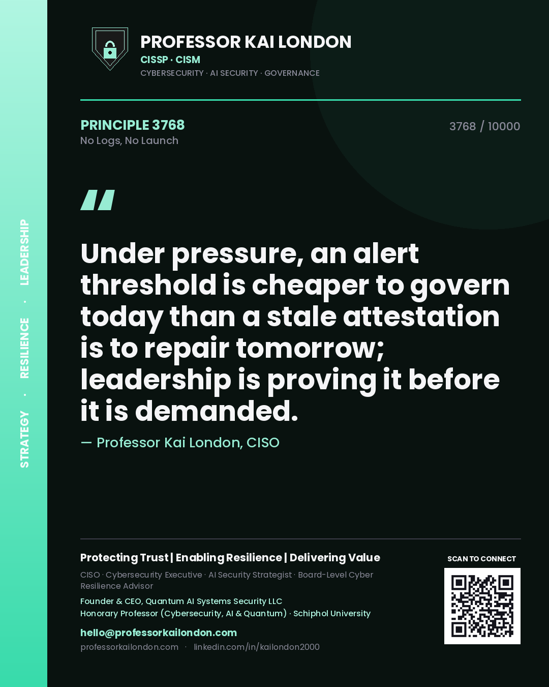 Professor Kai London principle 3768: Under pressure, an alert threshold is cheaper to govern today than a stale attestation is to repair tomorrow; leadership is proving it before it is demanded.