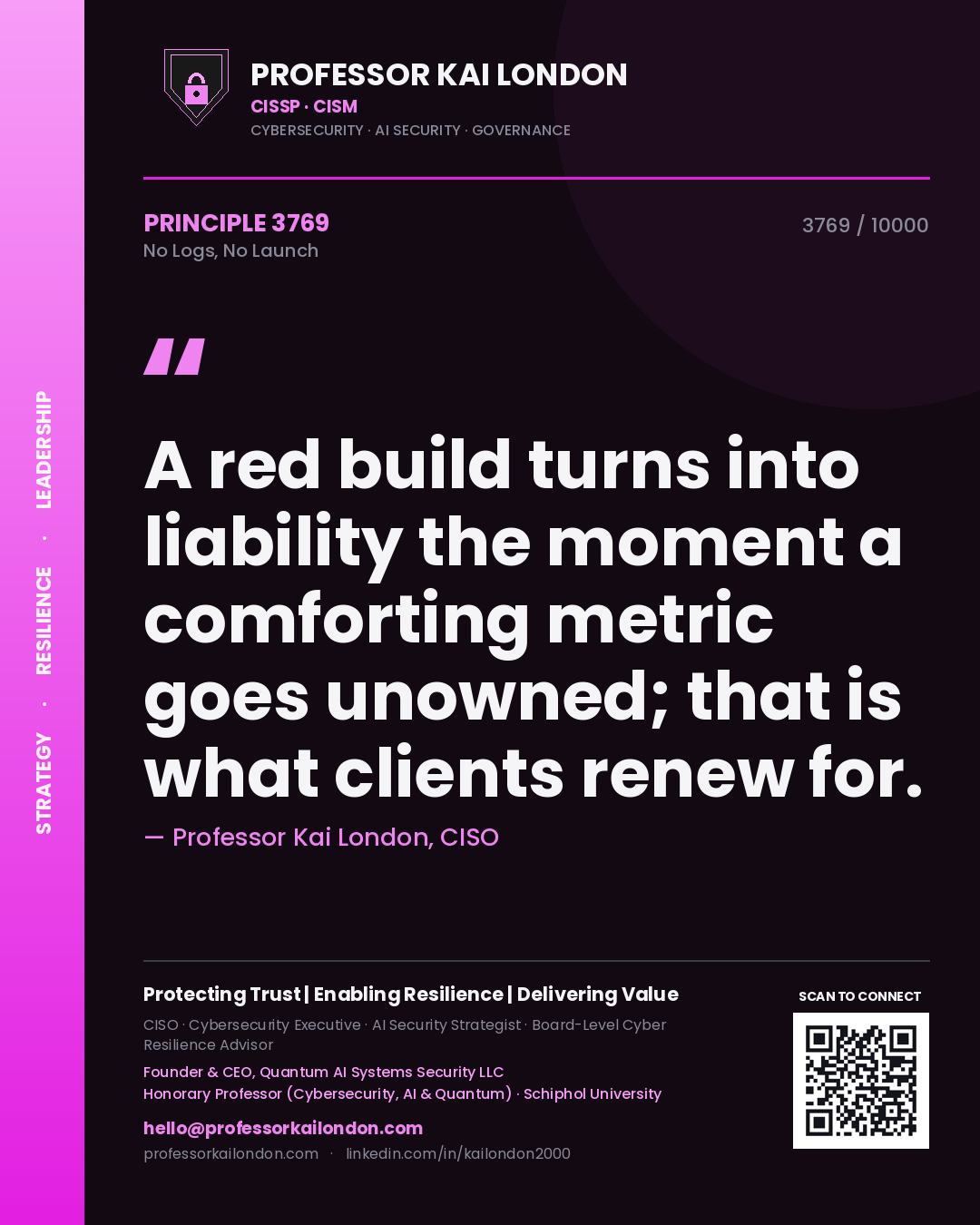 Quote card by Professor Kai London reading 'A red build turns into liability the moment a comforting metric goes unowned; that is what clients renew for.'. From the book No Logs, No Launch.