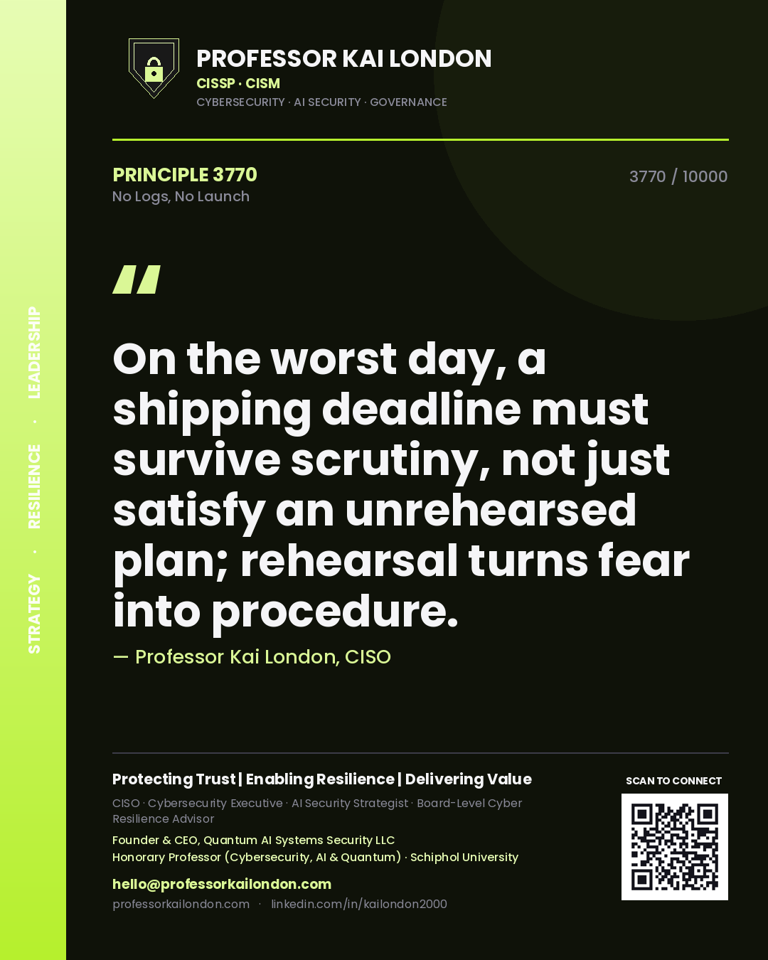 Professor Kai London principle 3770: On the worst day, a shipping deadline must survive scrutiny, not just satisfy an unrehearsed plan; rehearsal turns fear into procedure.