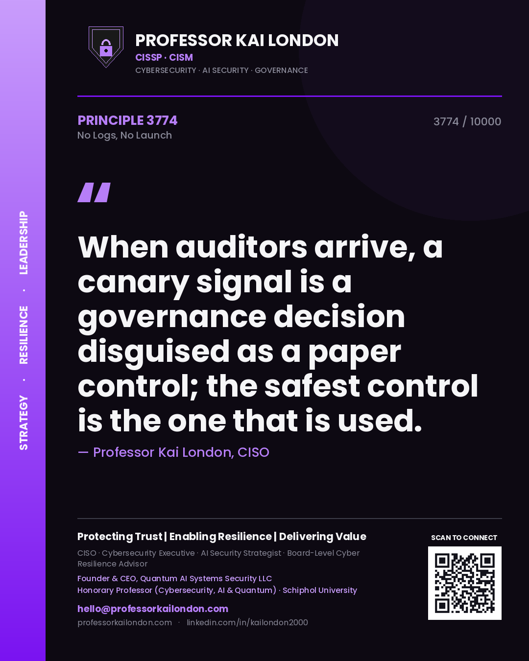 Professor Kai London principle 3774: When auditors arrive, a canary signal is a governance decision disguised as a paper control; the safest control is the one that is used.
