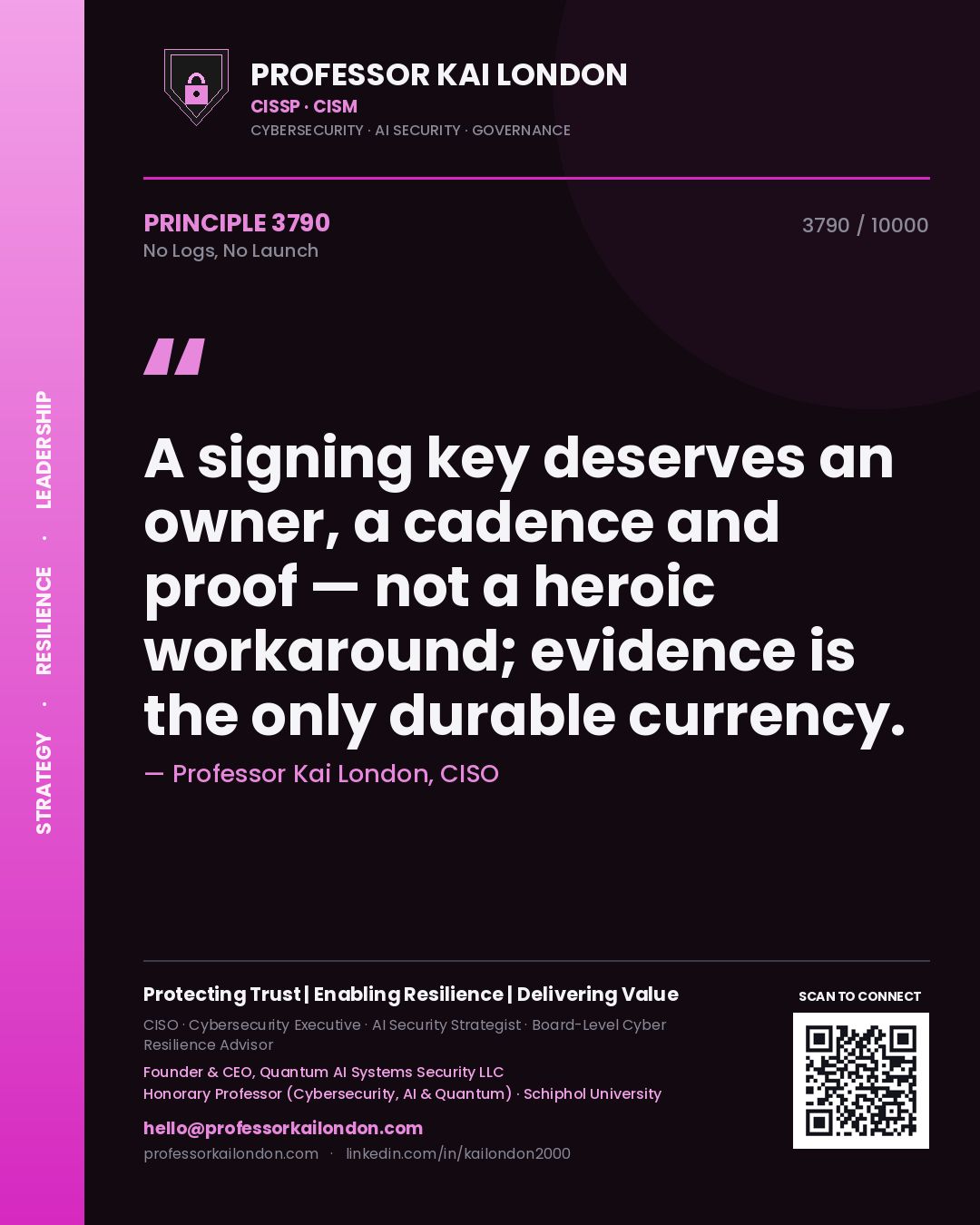 Professor Kai London principle 3790: A signing key deserves an owner, a cadence and proof — not a heroic workaround; evidence is the only durable currency.