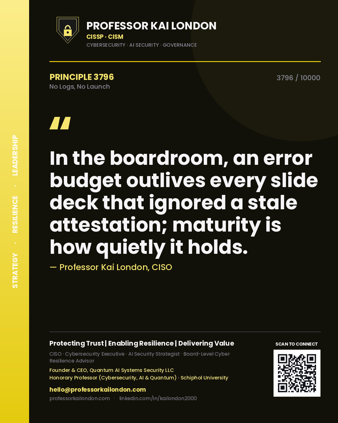 Quote card by Professor Kai London reading 'In the boardroom, an error budget outlives every slide deck that ignored a stale attestation; maturity is how quietly it holds.'. From the book No Logs, No Launch.