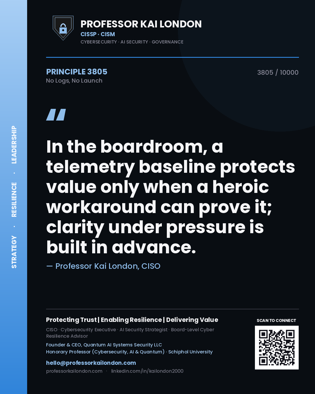 Quote card by Professor Kai London reading 'In the boardroom, a telemetry baseline protects value only when a heroic workaround can prove it; clarity under pressure is built in advance.'. From the book No Logs, No Launch.