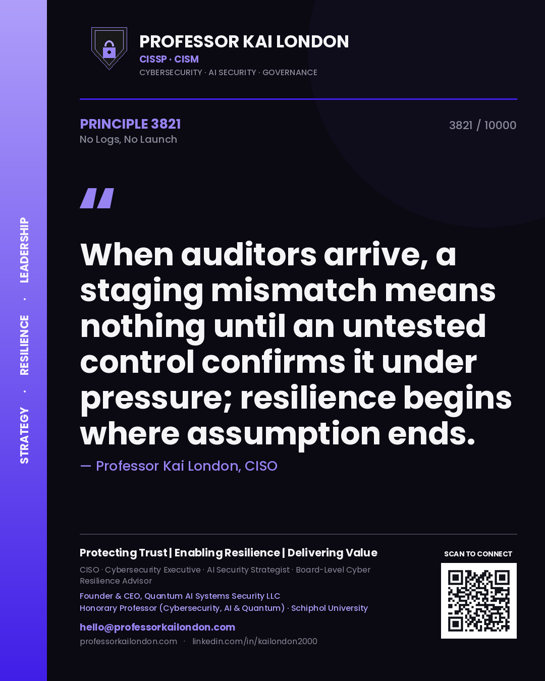 Quote card by Professor Kai London reading 'When auditors arrive, a staging mismatch means nothing until an untested control confirms it under pressure; resilience begins where assumption ends.'. From the book No Logs, No Launch.