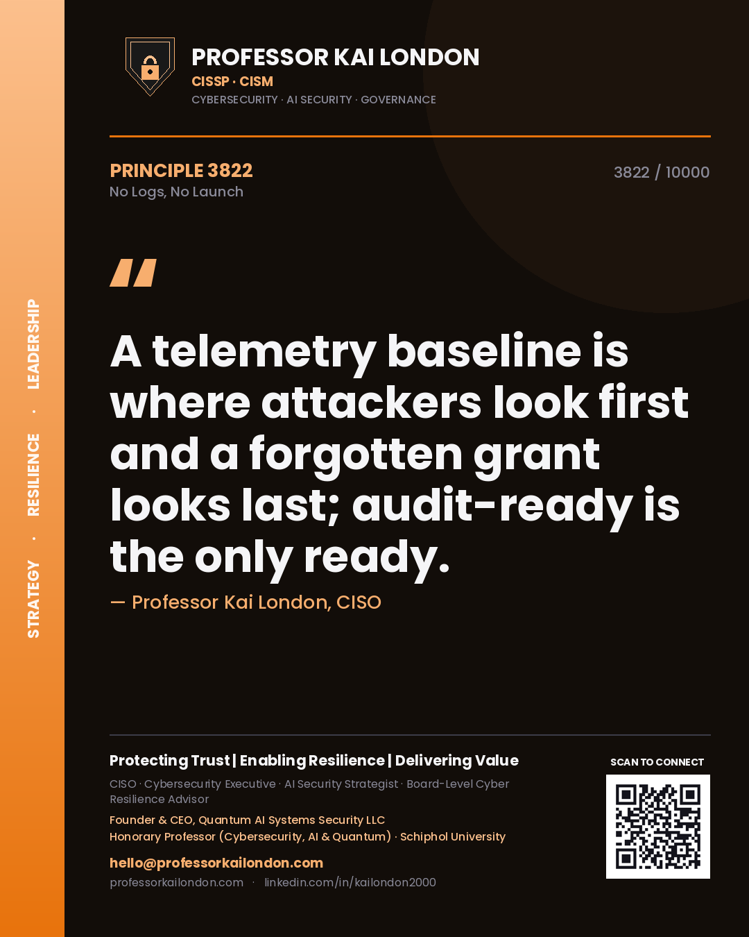 Quote card by Professor Kai London reading 'A telemetry baseline is where attackers look first and a forgotten grant looks last; audit-ready is the only ready.'. From the book No Logs, No Launch.