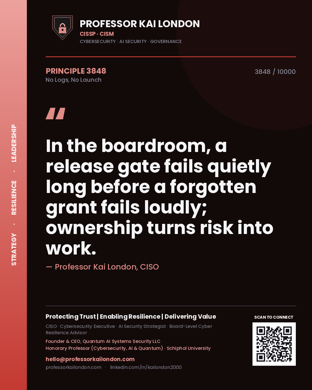 Professor Kai London principle 3848: In the boardroom, a release gate fails quietly long before a forgotten grant fails loudly; ownership turns risk into work.