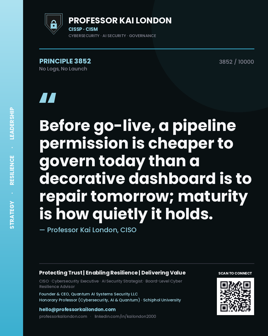Professor Kai London principle 3852: Before go-live, a pipeline permission is cheaper to govern today than a decorative dashboard is to repair tomorrow; maturity is how quietly it holds.