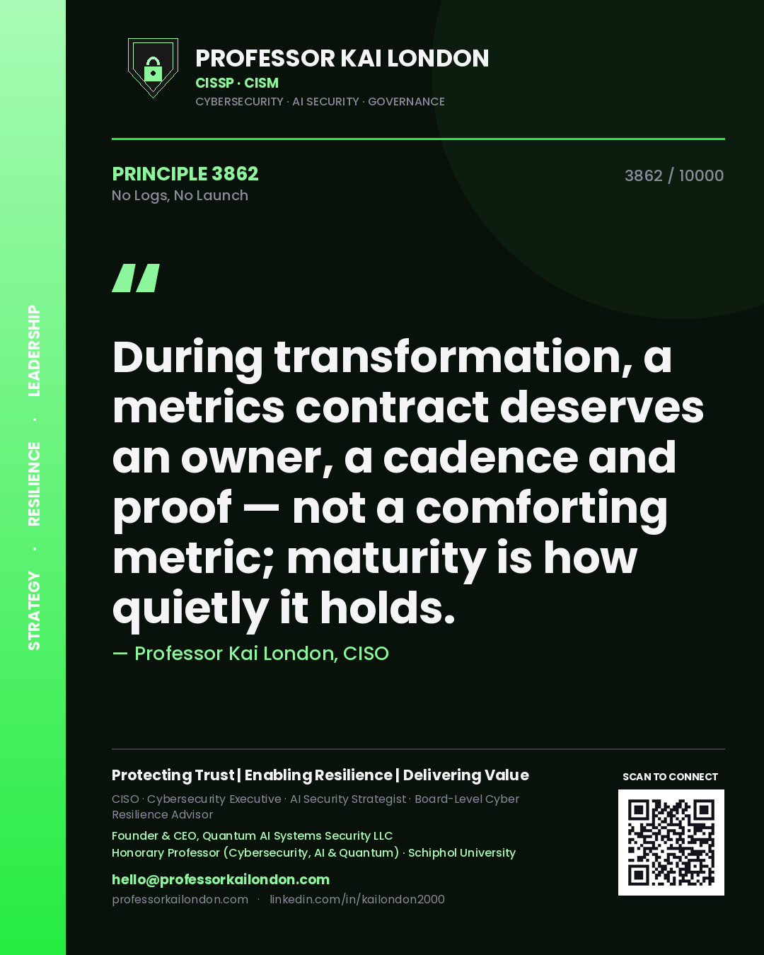 Professor Kai London principle 3862: During transformation, a metrics contract deserves an owner, a cadence and proof — not a comforting metric; maturity is how quietly it holds.