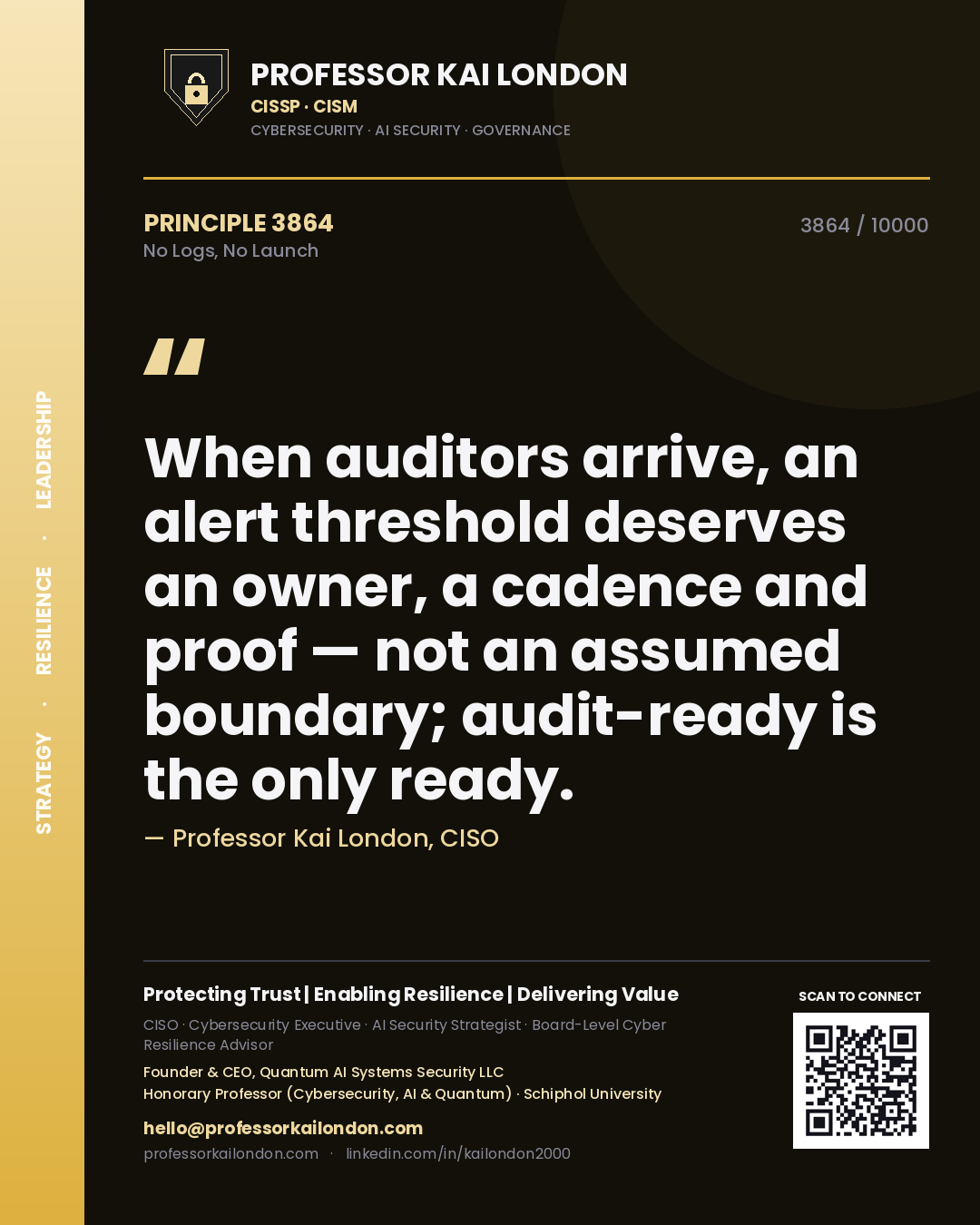 Professor Kai London principle 3864: When auditors arrive, an alert threshold deserves an owner, a cadence and proof — not an assumed boundary; audit-ready is the only ready.