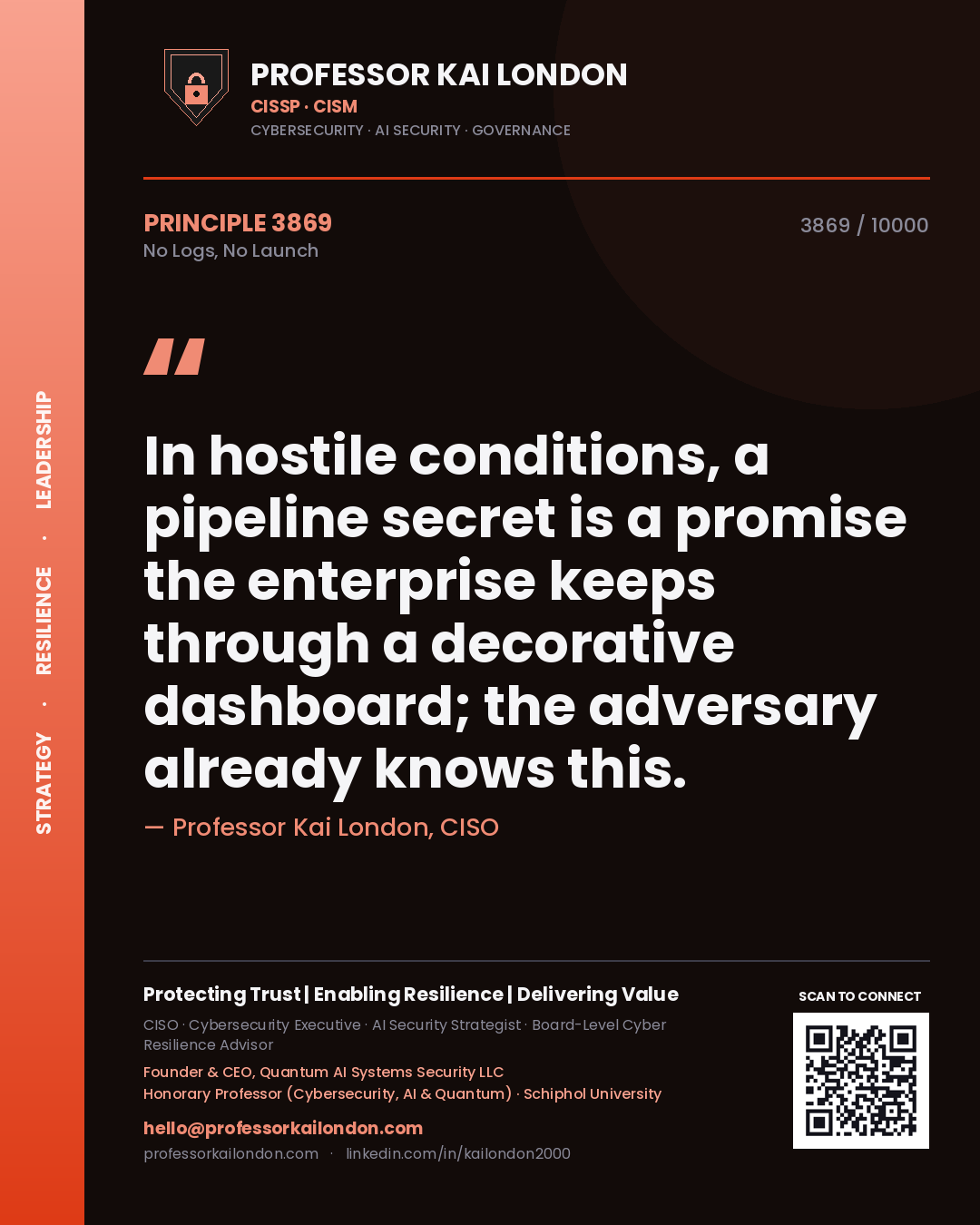 Professor Kai London principle 3869: In hostile conditions, a pipeline secret is a promise the enterprise keeps through a decorative dashboard; the adversary already knows this.