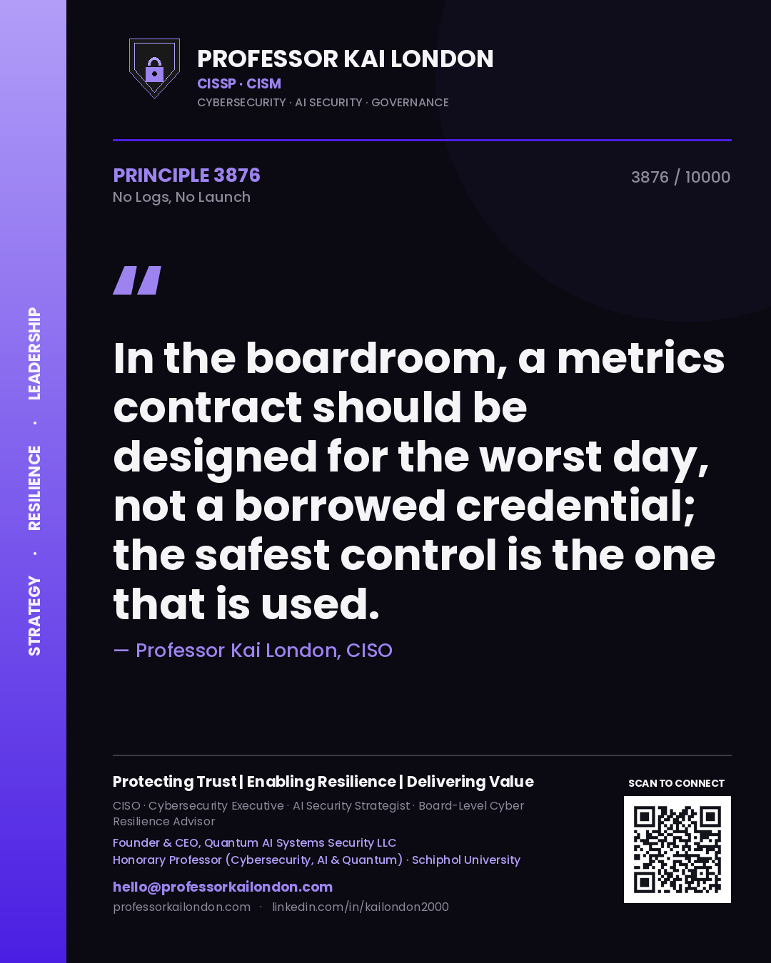 Quote card by Professor Kai London reading 'In the boardroom, a metrics contract should be designed for the worst day, not a borrowed credential; the safest control is the one that is used.'. From the book No Logs, No Launch.