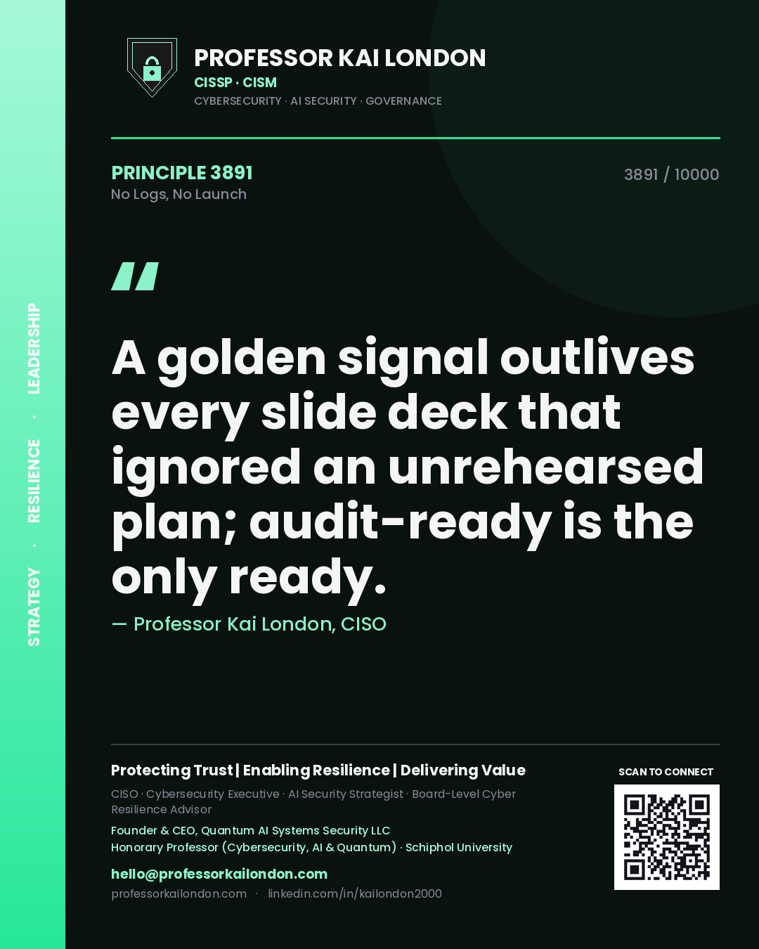 Professor Kai London principle 3891: A golden signal outlives every slide deck that ignored an unrehearsed plan; audit-ready is the only ready.