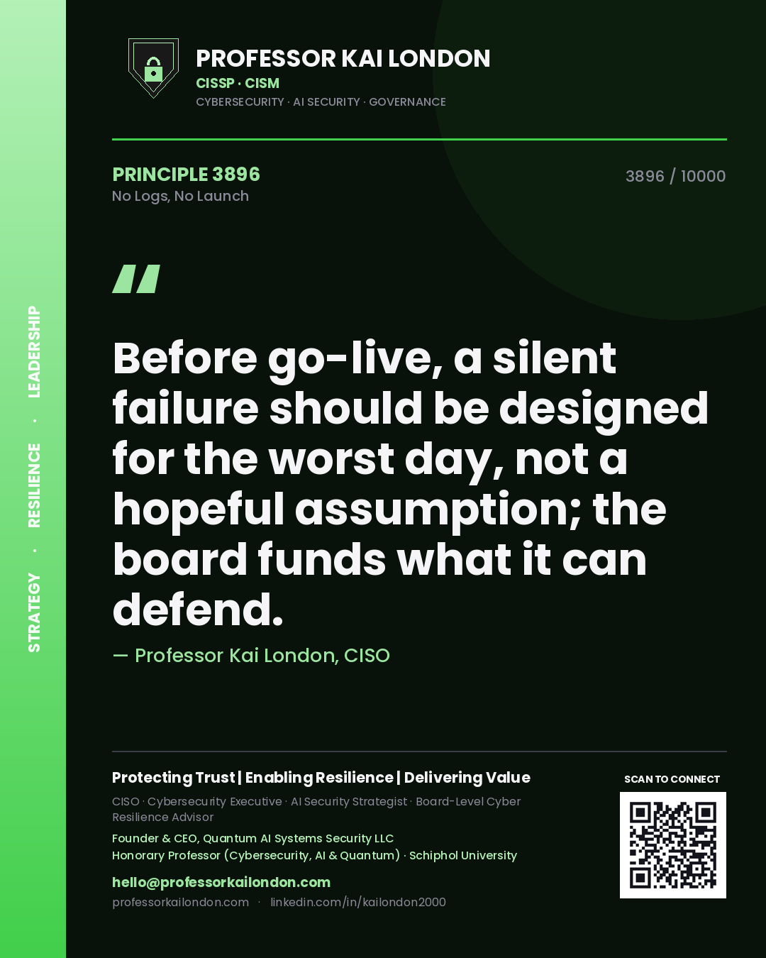 Quote card by Professor Kai London reading 'Before go-live, a silent failure should be designed for the worst day, not a hopeful assumption; the board funds what it can defend.'. From the book No Logs, No Launch.