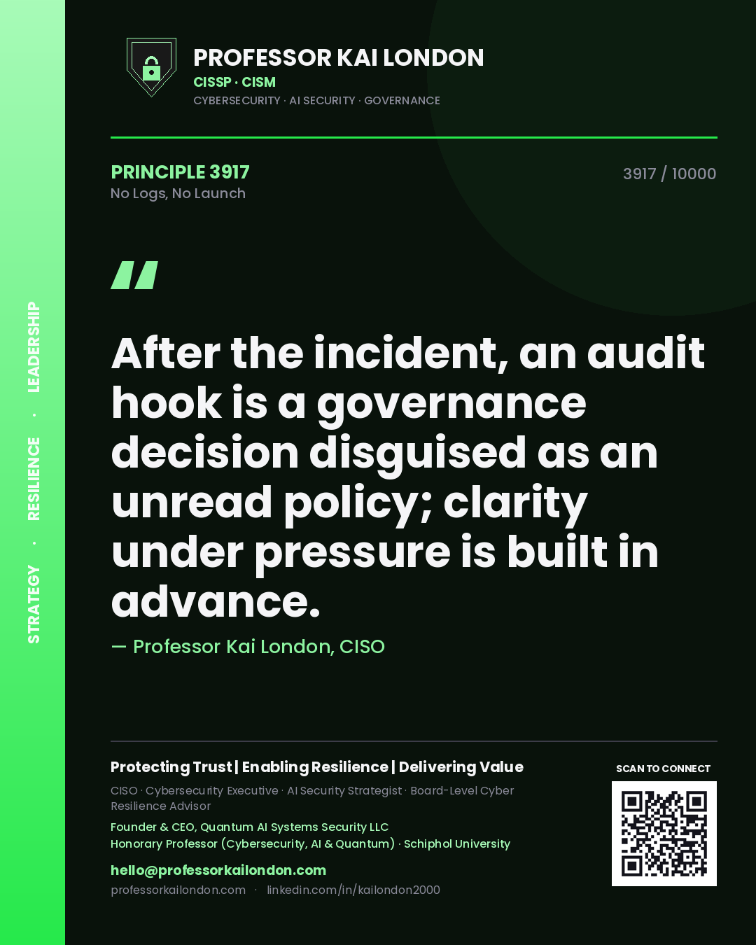 Quote card by Professor Kai London reading 'After the incident, an audit hook is a governance decision disguised as an unread policy; clarity under pressure is built in advance.'. From the book No Logs, No Launch.