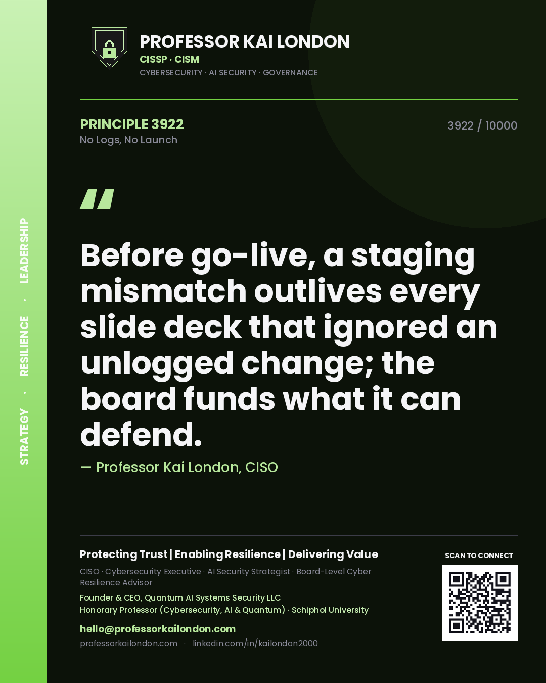 Quote card by Professor Kai London reading 'Before go-live, a staging mismatch outlives every slide deck that ignored an unlogged change; the board funds what it can defend.'. From the book No Logs, No Launch.