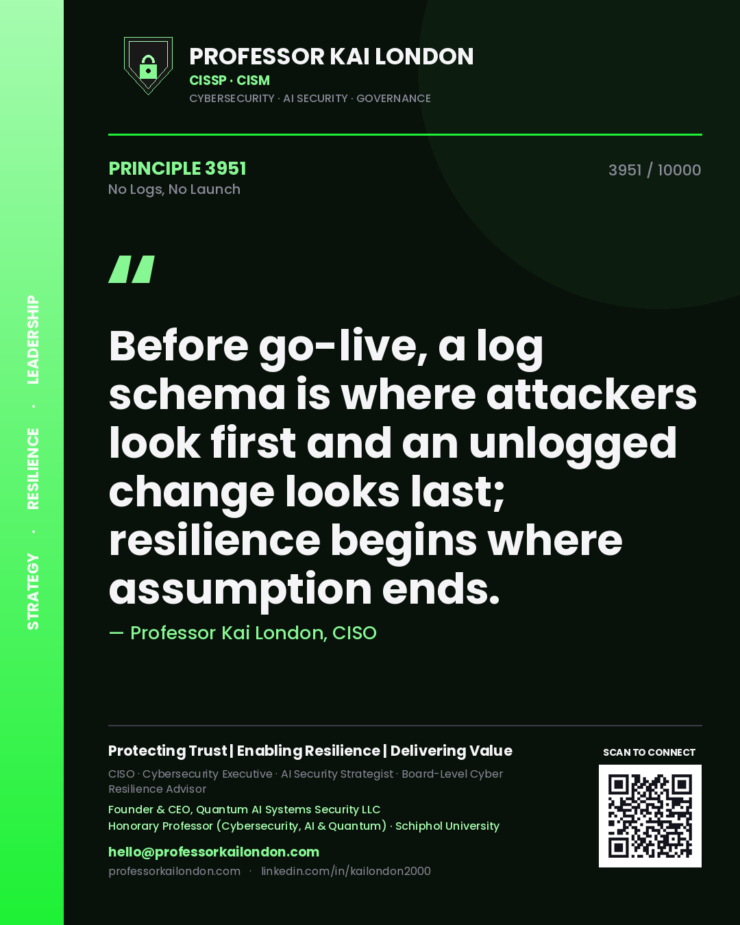 Professor Kai London principle 3951: Before go-live, a log schema is where attackers look first and an unlogged change looks last; resilience begins where assumption ends.