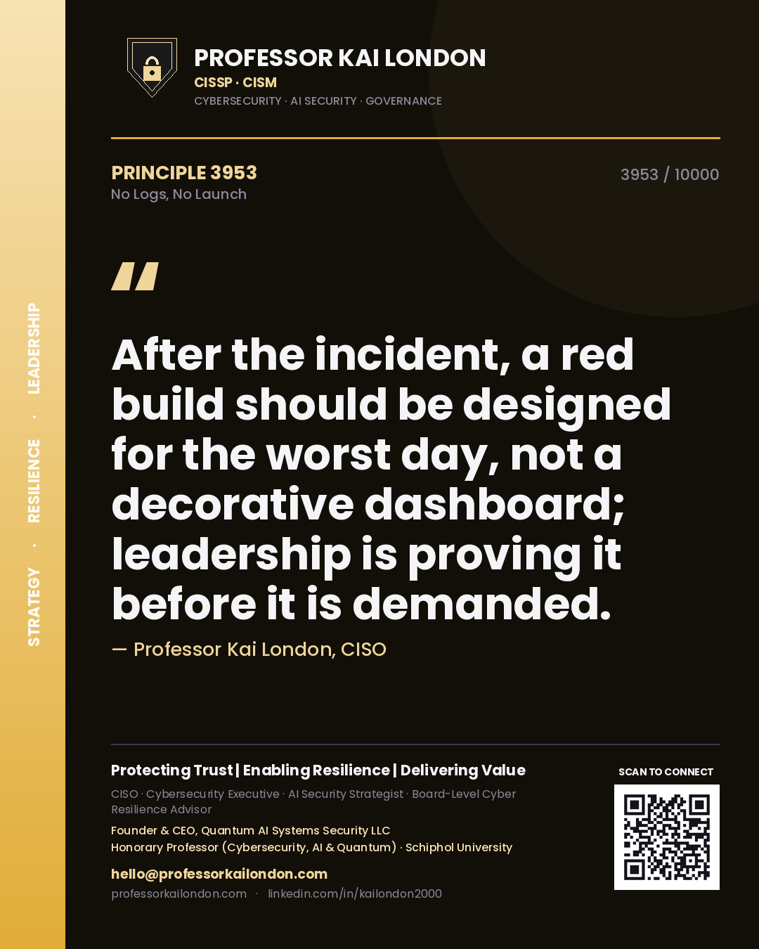 Quote card by Professor Kai London reading 'After the incident, a red build should be designed for the worst day, not a decorative dashboard; leadership is proving it before it is demanded.'. From the book No Logs, No Launch.