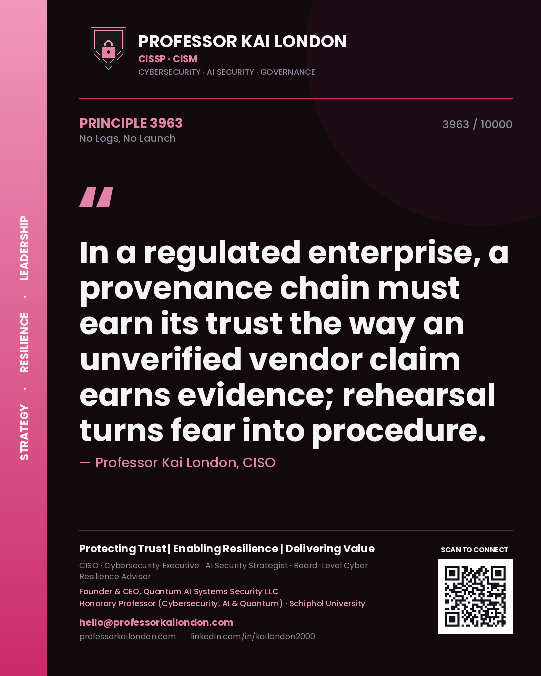 Professor Kai London principle 3963: In a regulated enterprise, a provenance chain must earn its trust the way an unverified vendor claim earns evidence; rehearsal turns fear into procedure.