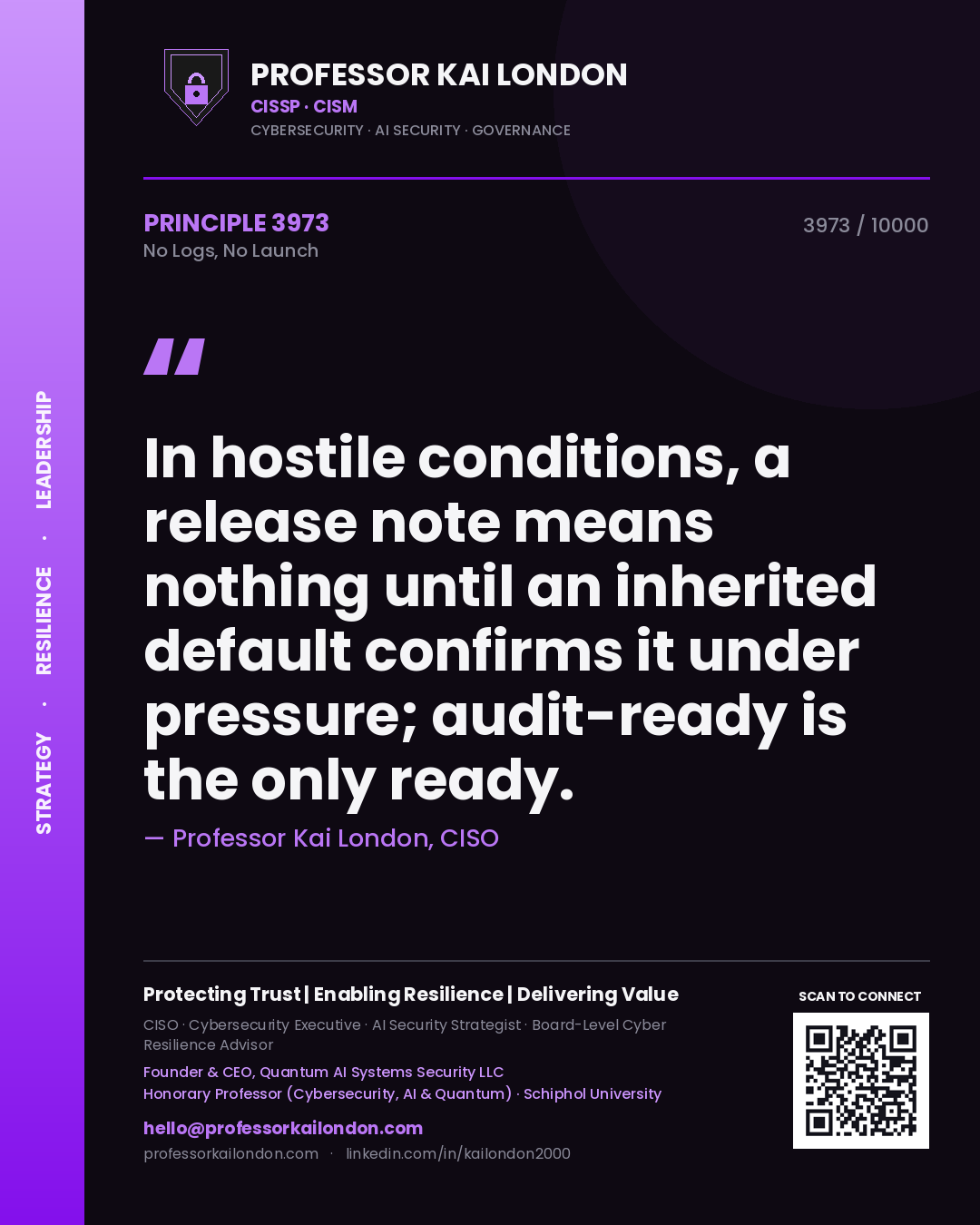 Professor Kai London principle 3973: In hostile conditions, a release note means nothing until an inherited default confirms it under pressure; audit-ready is the only ready.